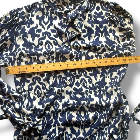 Zara Emilie Vicose Printed Damask Belted Midi Dress Size Large Blue Cream - Picture 12 of 14